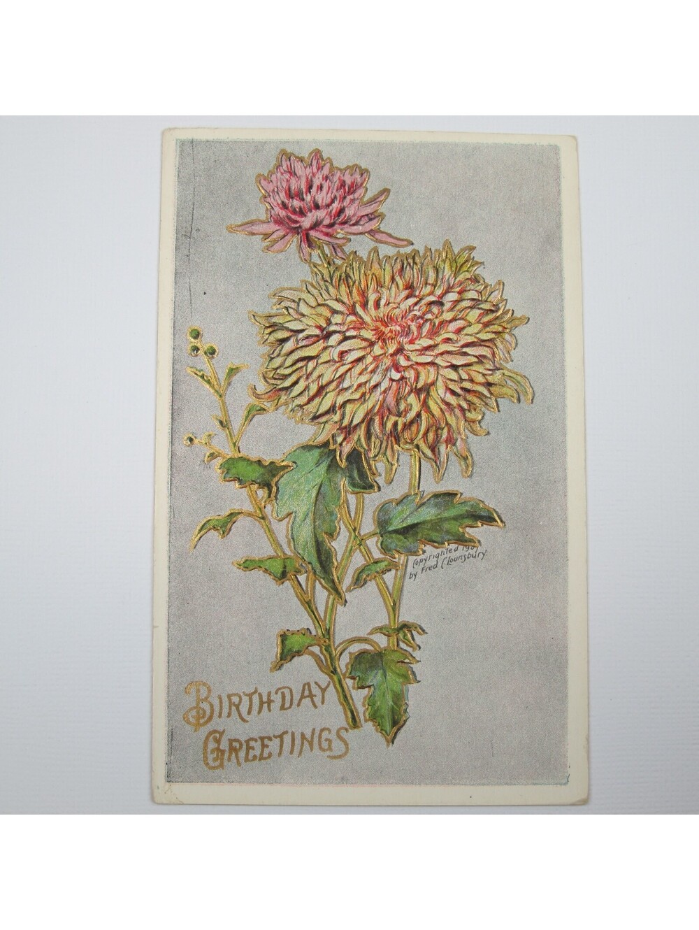 Postcard Birthday Greeting Antique 1907 Embossed Pink Yellow Mum Flower UNPOSTED